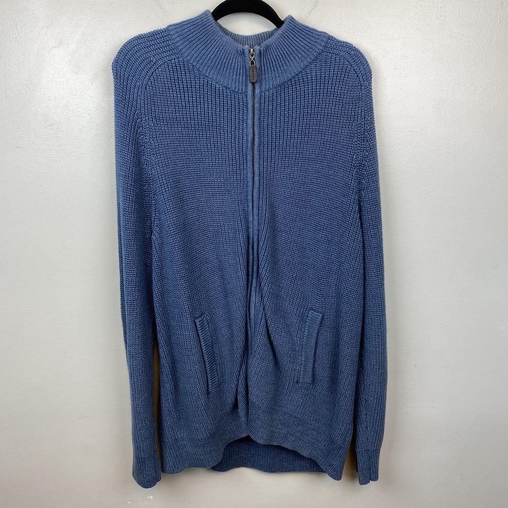 L.L.Bean Sweater Mens 2XL Blue Full Zip Mock Neck Cotton Knit‎ Pockets Cardigan